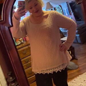 A'Reve Light Pink Sweater Lace Trim Cut out Back